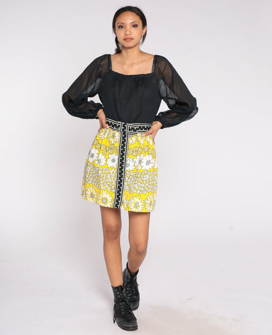 60s Black Yellow Floral Mini Dress Balloon Sleeve Square Neck Small S