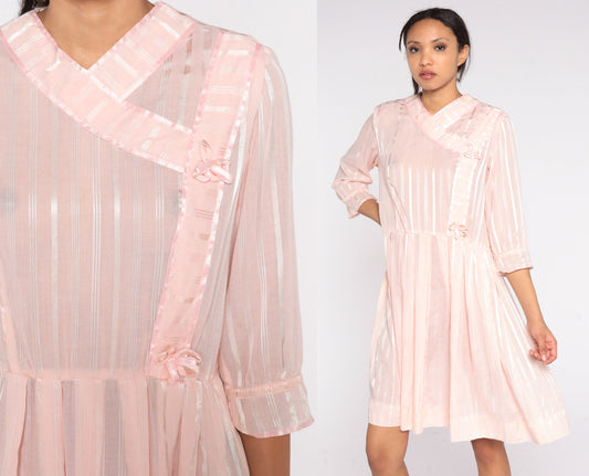 70s Baby Pink Striped Mini Dress High Waist Pleated Rosette Detail Medium Large