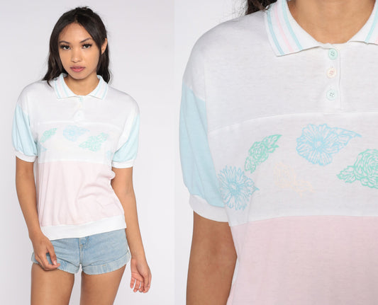 80s Pastel Floral Color Block Polo Shirt White Pink Blue Medium Large