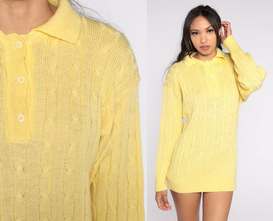 80s Diane Von Furstenberg Yellow Cable Knit Pullover Collared Sweater Large L