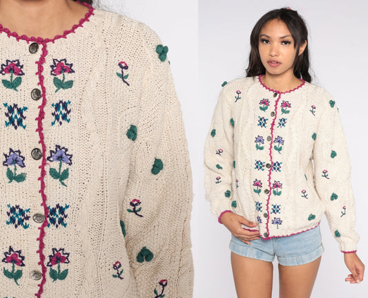 90s Cream Cable Knit Floral Cardigan Button Up Sweater Extra Large XXL
