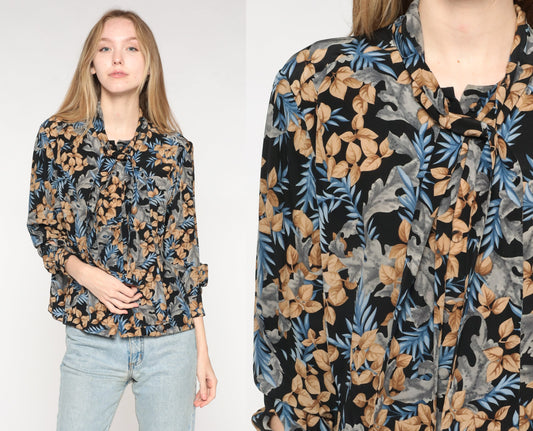 90s Black Leaf Print Ascot Blouse Long Sleeve Button Up Medium