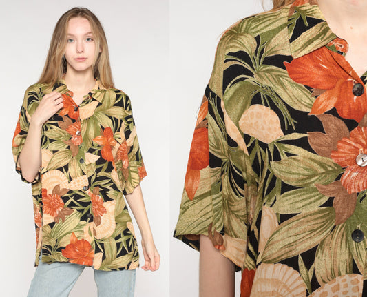90s Tropical Floral Seashell Button-Up Shirt Orange Green Rayon Medium
