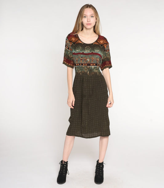 90s Brown Geometric Print Midi Dress High Waist Short Sleeve Plus Size 16W