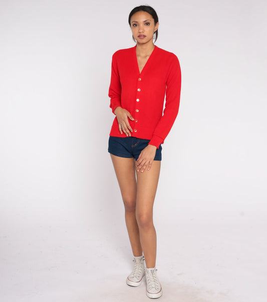 70s Red Knit Cardigan Button-Up Sweater Small