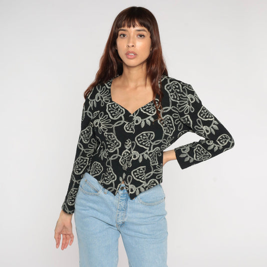90s Black Leaf Print Button-Up Blouse Long Sleeve Abstract Shirt Medium