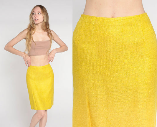 60s Yellow Tweed Pencil Skirt High Waist Mini Back Zip Extra Small XS