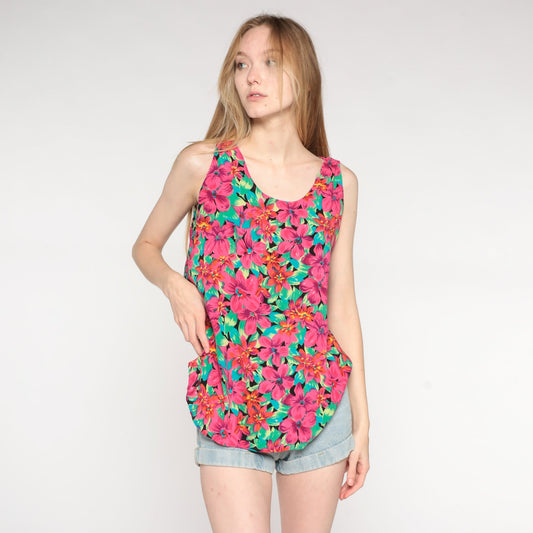 90s Floral Rayon Tank Top Tropical Print Pink Green Large