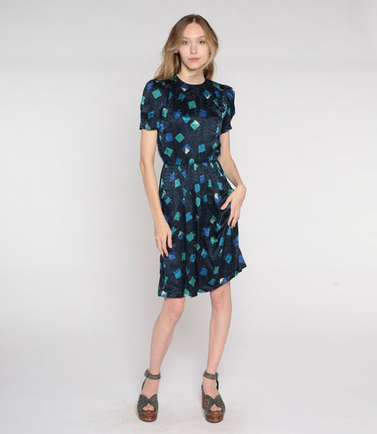 80s Navy Silk Puff Sleeve Dress Embossed Geometric Print High Waisted XS
