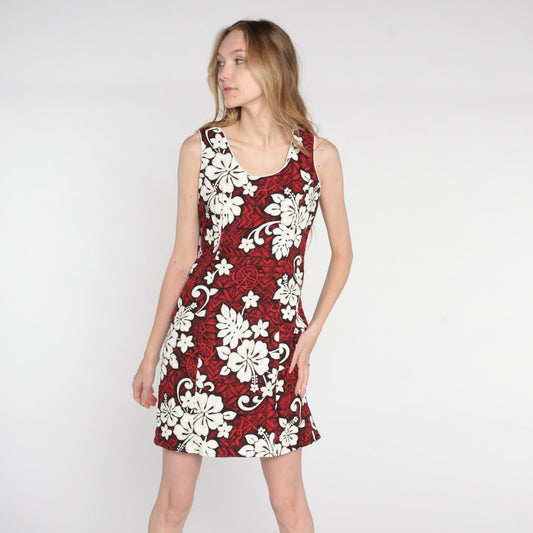 90s Hawaiian Floral Turtle Print Mini Dress Red Cotton Sleeveless Medium