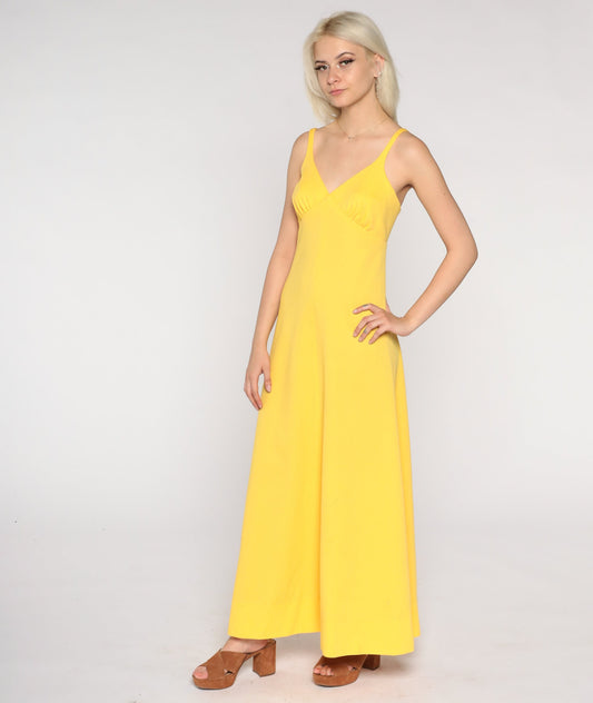 70s Yellow Maxi Dress Empire Waist Sleeveless A-Line Medium