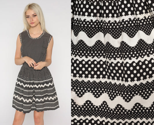 60s Mini Dress Polka Dot Black White Sleeveless High Waist Full Skirt Small