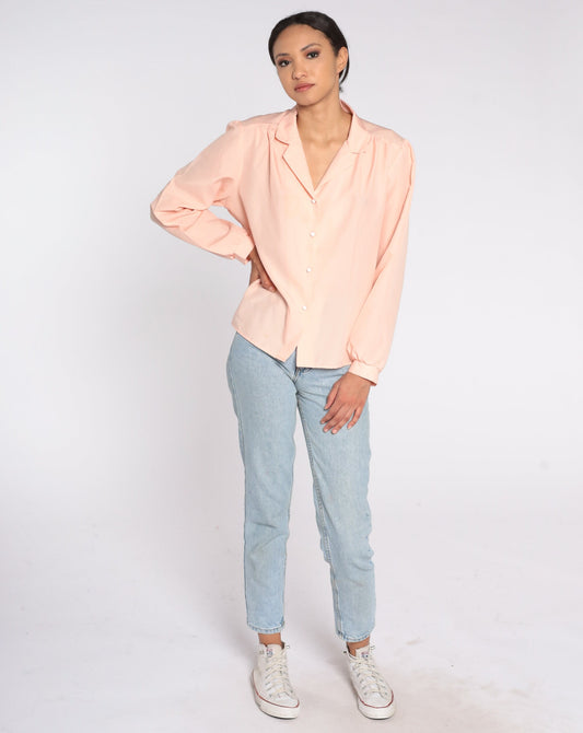 80s Peach Button-Up Blouse Collared Long Sleeve Shirt Extra Large XL
