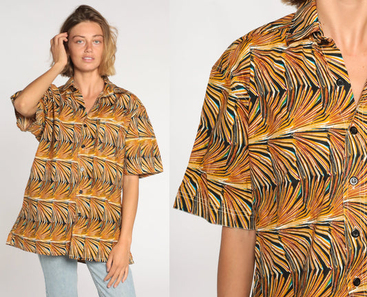 80s Abstract Op Art Button-Up Shirt Yellow Psychedelic Print Cotton Large