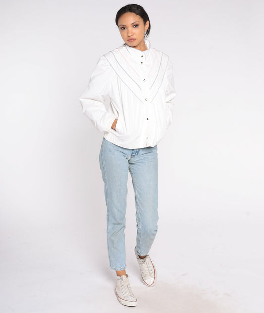 80s White Windbreaker Jacket Pastel Striped Snap-Up Small