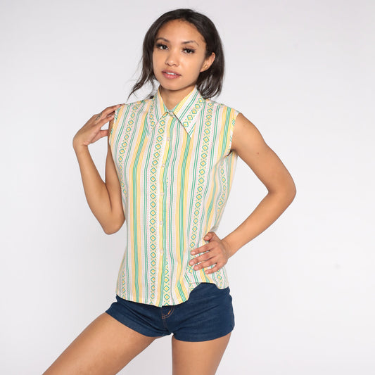 70s Aztec Stripe Sleeveless Blouse Green Yellow Button Front Small Medium
