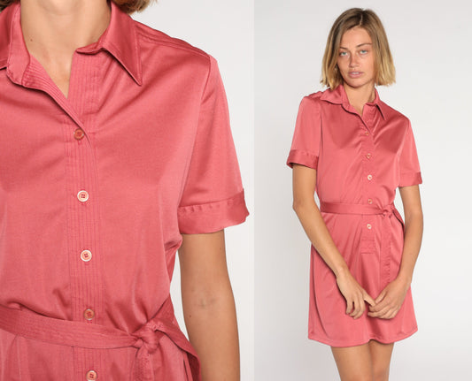 70s Pink Mini Shirtwaist Dress Button-Up Shift Collar Tie Belt Medium