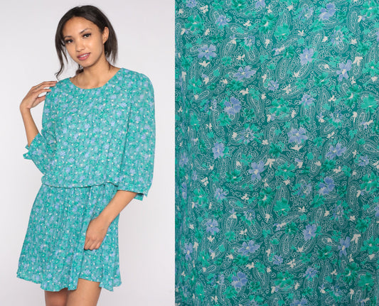 80s Green Paisley Floral Mini Dress High Waist Pleated 3/4 Puff Sleeve Medium