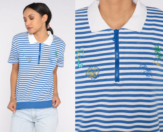 90s Blue White Striped Polo Shirt Embroidered Sea Creatures Palm Tree Small