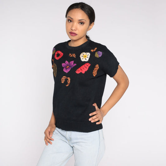 90s Black Knit Sweater Top Floral Embroidery Leopard Print Short Sleeve Medium M