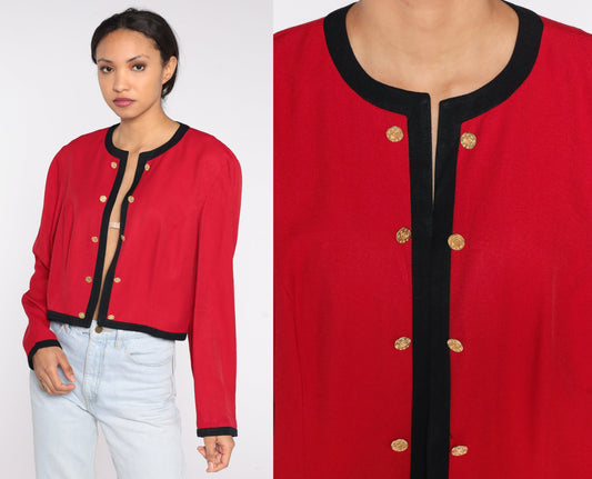 90s Red Cropped Jacket Gold Buttons Black Trim Open Front Small