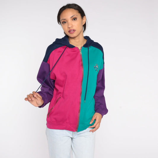 90s Color Block Zip Hoodie Sweatshirt Fleur de Lis Pink Green Purple Blue Large L