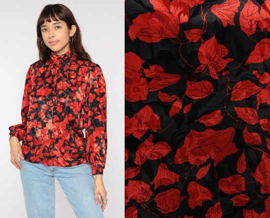 80s Black Red Floral Puff Sleeve Button-Up Blouse Small