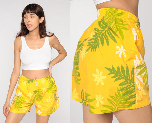 90s Yellow Tropical Leaf Floral Shorts High Waist Elastic Small S