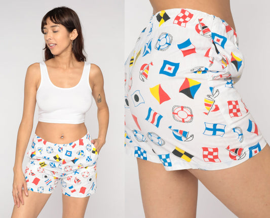 80s Nautical Print White Shorts Elastic Waist High Rise Small