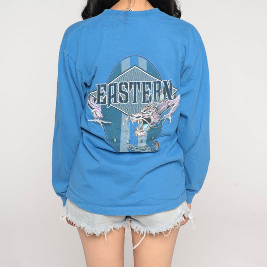 Y2K Eastern Dragon Long Sleeve Graphic Tee Blue Small