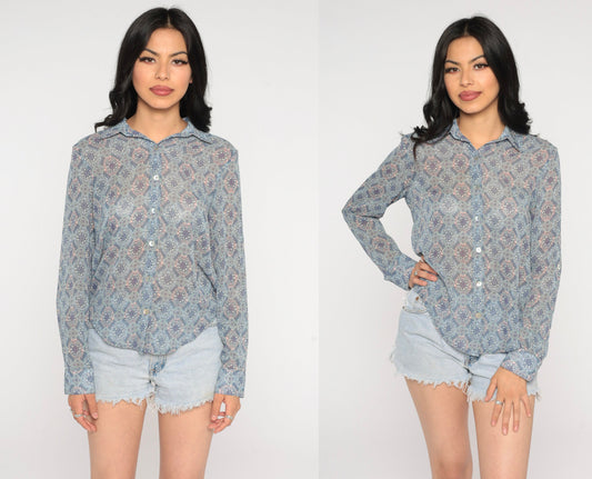 00s Batik Floral Button-Up Blouse Geometric Print Long Sleeve Collared Shirt Small
