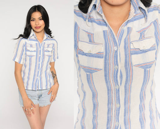 90s Striped Cotton Gauze Button Up Blouse Blue White Short Sleeve Extra Small