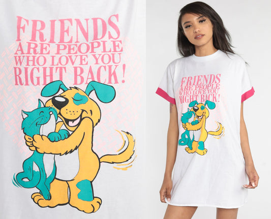 90s Cat Dog Friendship Graphic T-Shirt Dress White Cartoon Mini