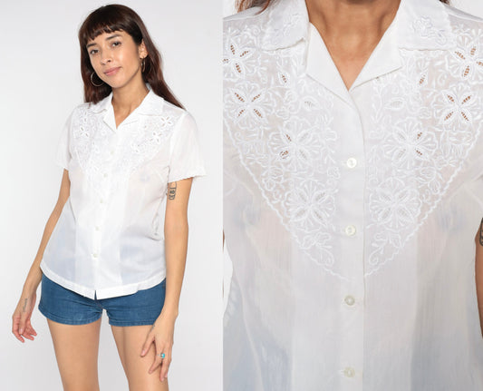 80s White Embroidered Floral Eyelet Button-Up Blouse Short Sleeve Small