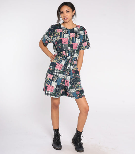 90s Patchwork Floral Wide-Leg Romper Cotton Button-Up Playsuit Medium