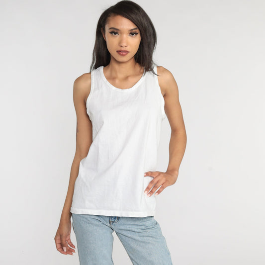 90s Anvil White Cotton Tank Top Plain Sleeveless Medium
