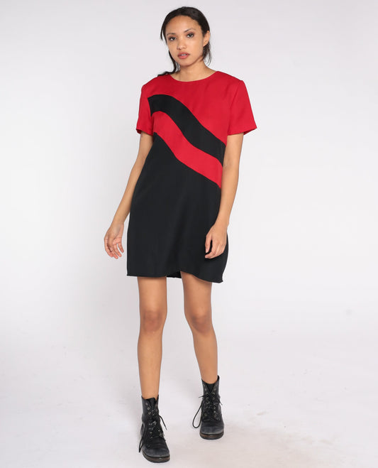 80s Color Block Pencil Dress Black Red Striped Mini Sheath Large L
