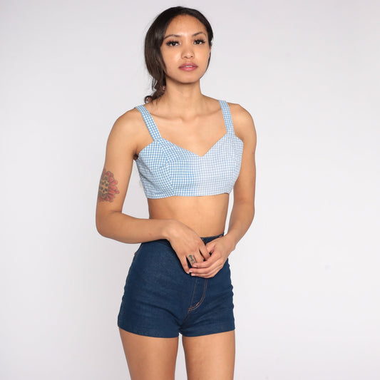 60s Blue Gingham Crop Tank Top Checkered Sleeveless Small
