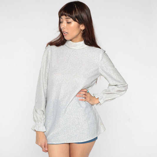 70s Silver Metallic Turtleneck Puff Sleeve Blouse Small