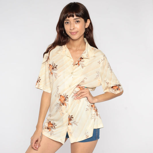 70s Gilda California Floral Leaf Print Button Up Blouse Cream Short Sleeve Extra Large