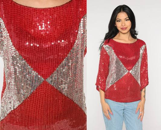 90s Silk Sequin Blouse Red Silver Metallic Color Block Small