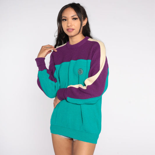 90s Wool Color Block Sweater Purple Green Cream Striped Crewneck Medium