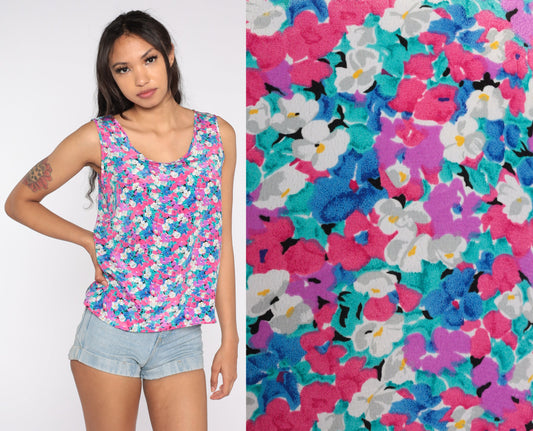 90s Pink Floral Tank Top Sleeveless Blouse Flower Print Small S