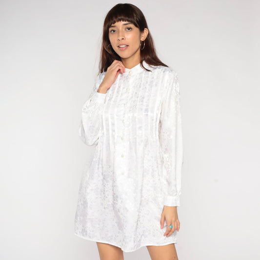 80s White Embossed Floral Mini Shirtdress Long Sleeve Pearl Buttons Extra Small