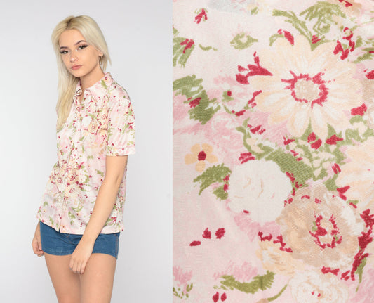 70s Pink Floral Button-Up Blouse Short Sleeve Pointed Collar Medium