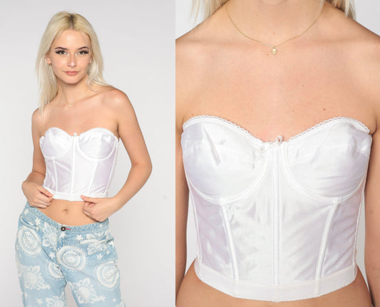 80s White Boned Bustier Corset Strapless Sweetheart Neckline 36B