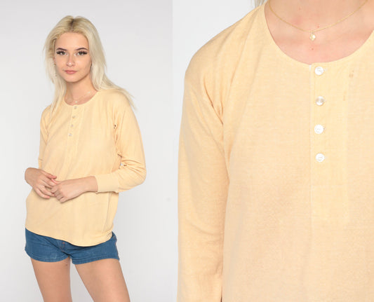 80s Riverlon Thermal Henley Peach Long Sleeve Button Up Medium