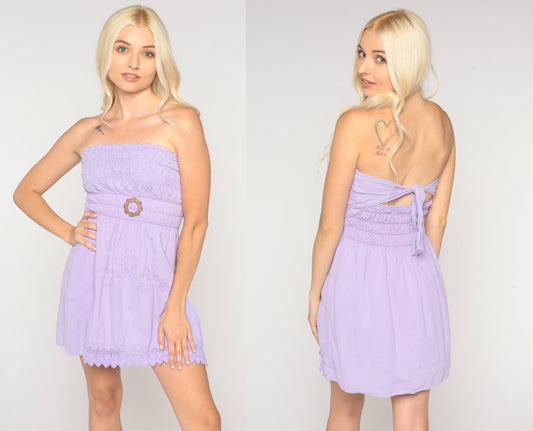 00s Lavender Strapless Mini Dress Crochet Smocked Embroidered Extra Small