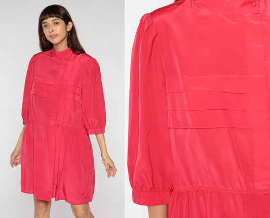 00s Hibiscus Pink Mini Dress Mock Neck Pleated High Waist Large L