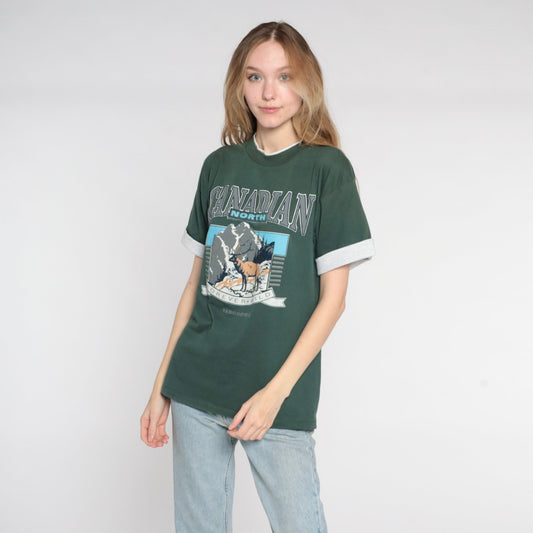 90s Canadian North Vancouver Wildlife Elk Graphic Tee Green Medium